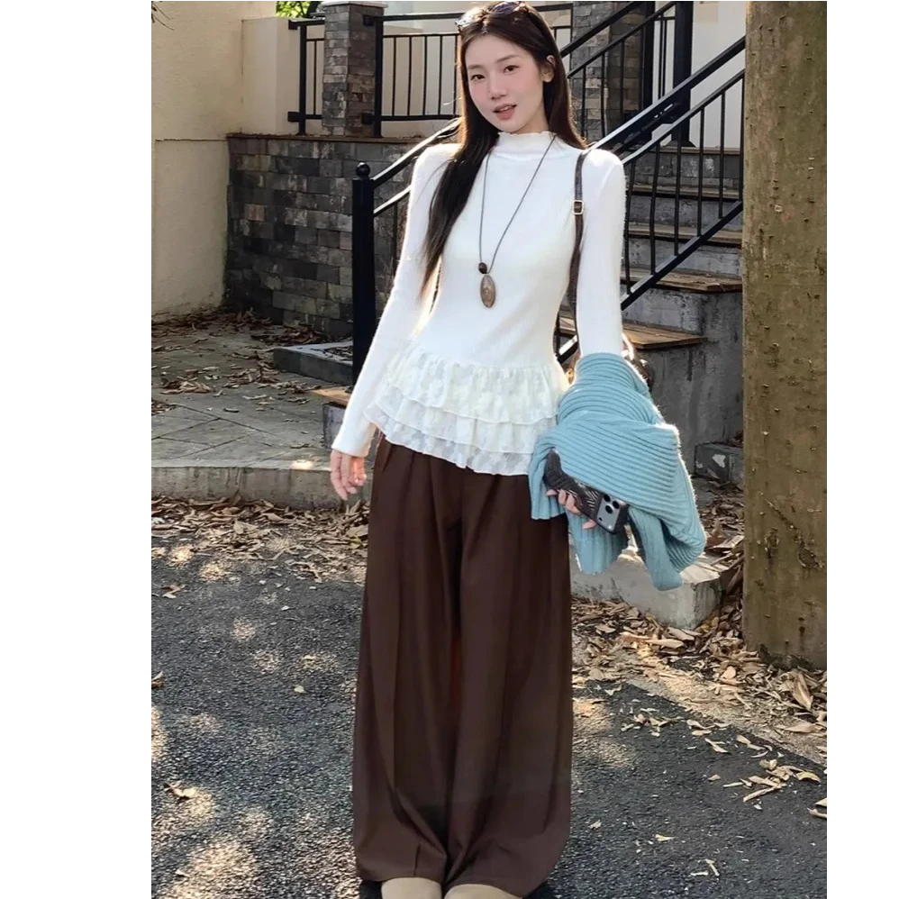 【全额运补】奶白色半高领蕾丝花边下摆长袖T恤秋冬设计感修身显