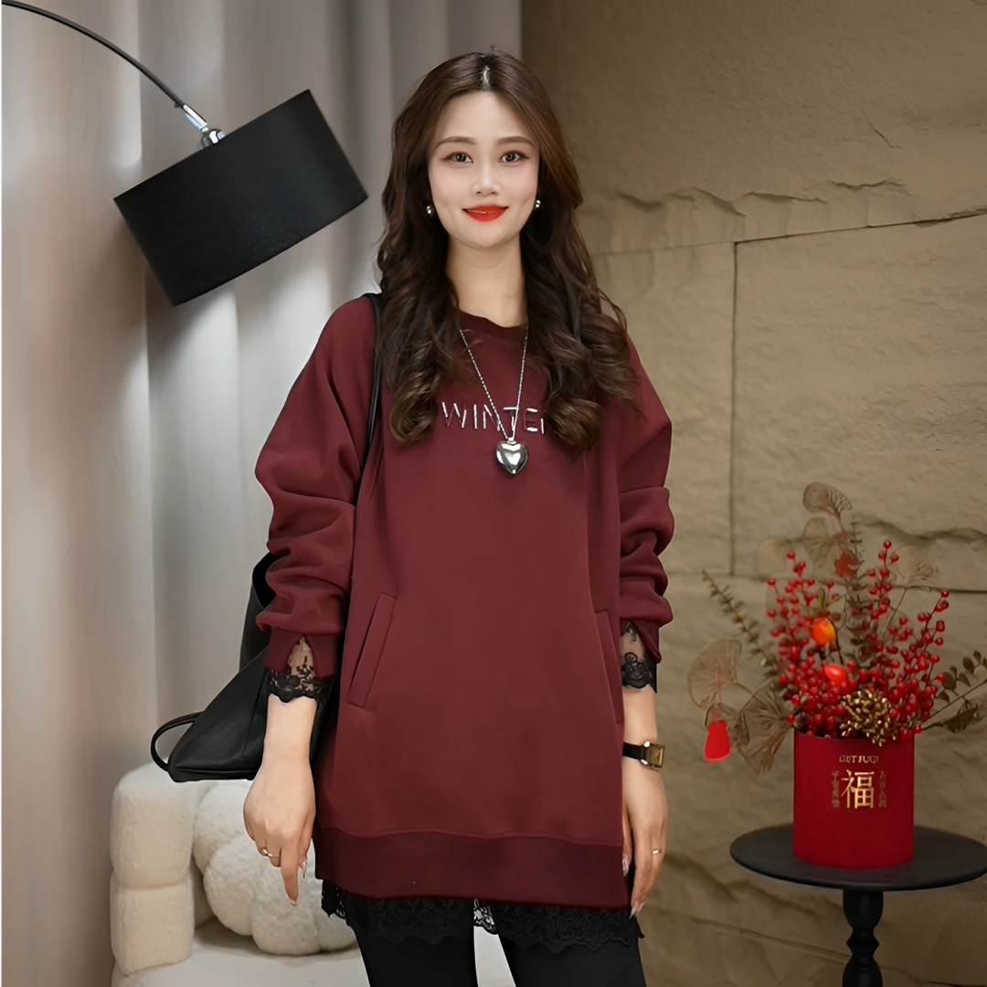 2025春季新款女上衣圆领套头字母刺绣卫衣女新春蕾丝花边宽松百搭
