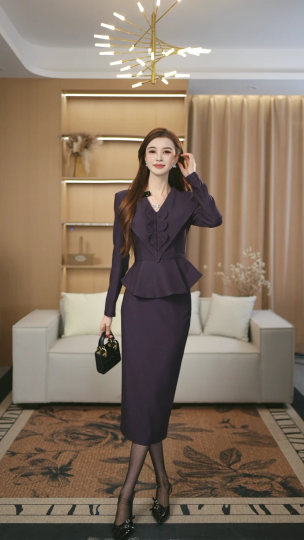 罗曼定制 高定原创设计深紫色时尚气质名媛收腰上衣女+包臀裙套装