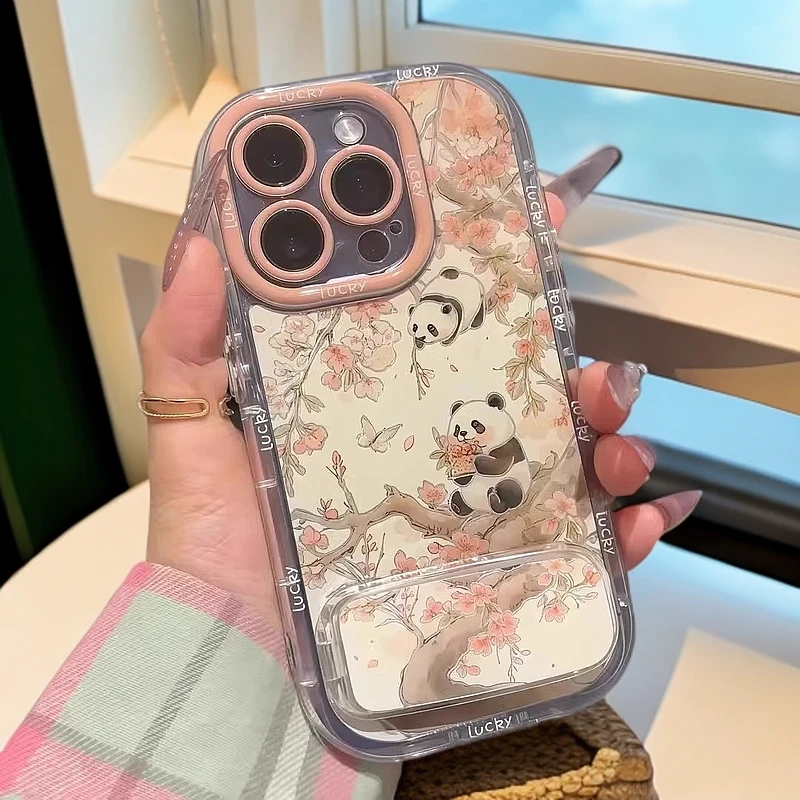 荷叶熊猫适用苹果16promax手机壳镜面支架iphone 17pro气囊硅胶15