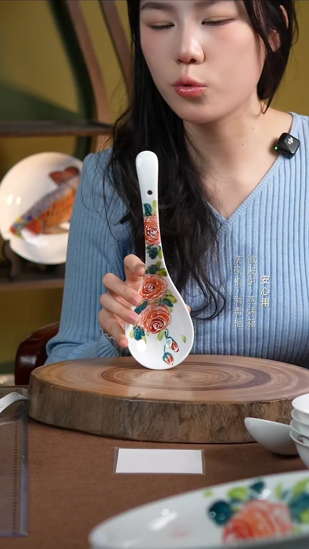 瓷景德镇高温手绘釉下彩大汤勺粉玫瑰