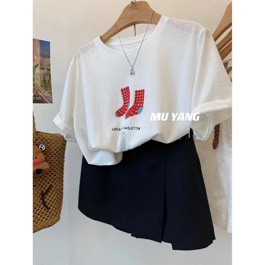 韩系千金夏季新款趣味印花宽松圆领简约百搭短袖T恤女休闲上衣ins