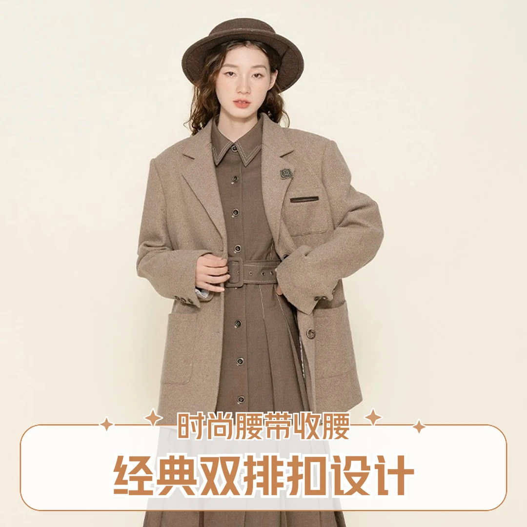 D-HARRY/迪哈利卡其色复古西装外套女中长款外穿西服DH224A95620D