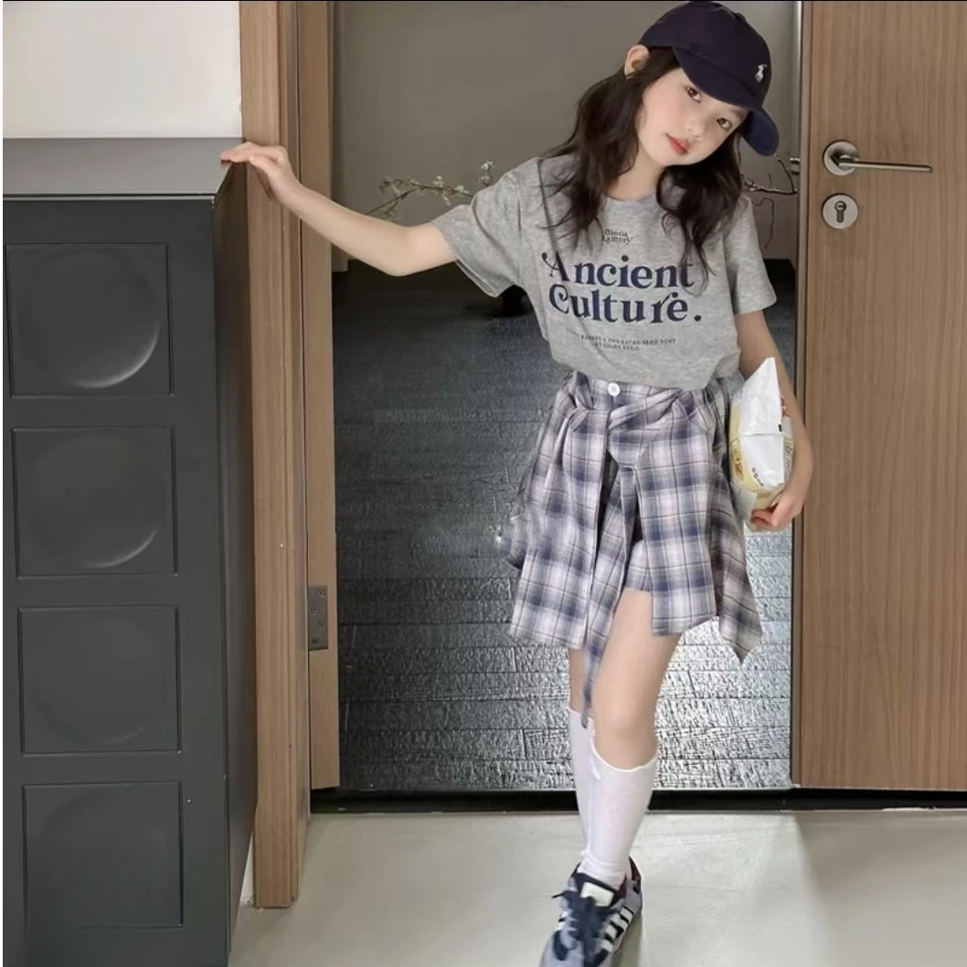 女童夏季套装2025新款学院风字母儿童短袖T恤韩版格子衬衫短裙裤