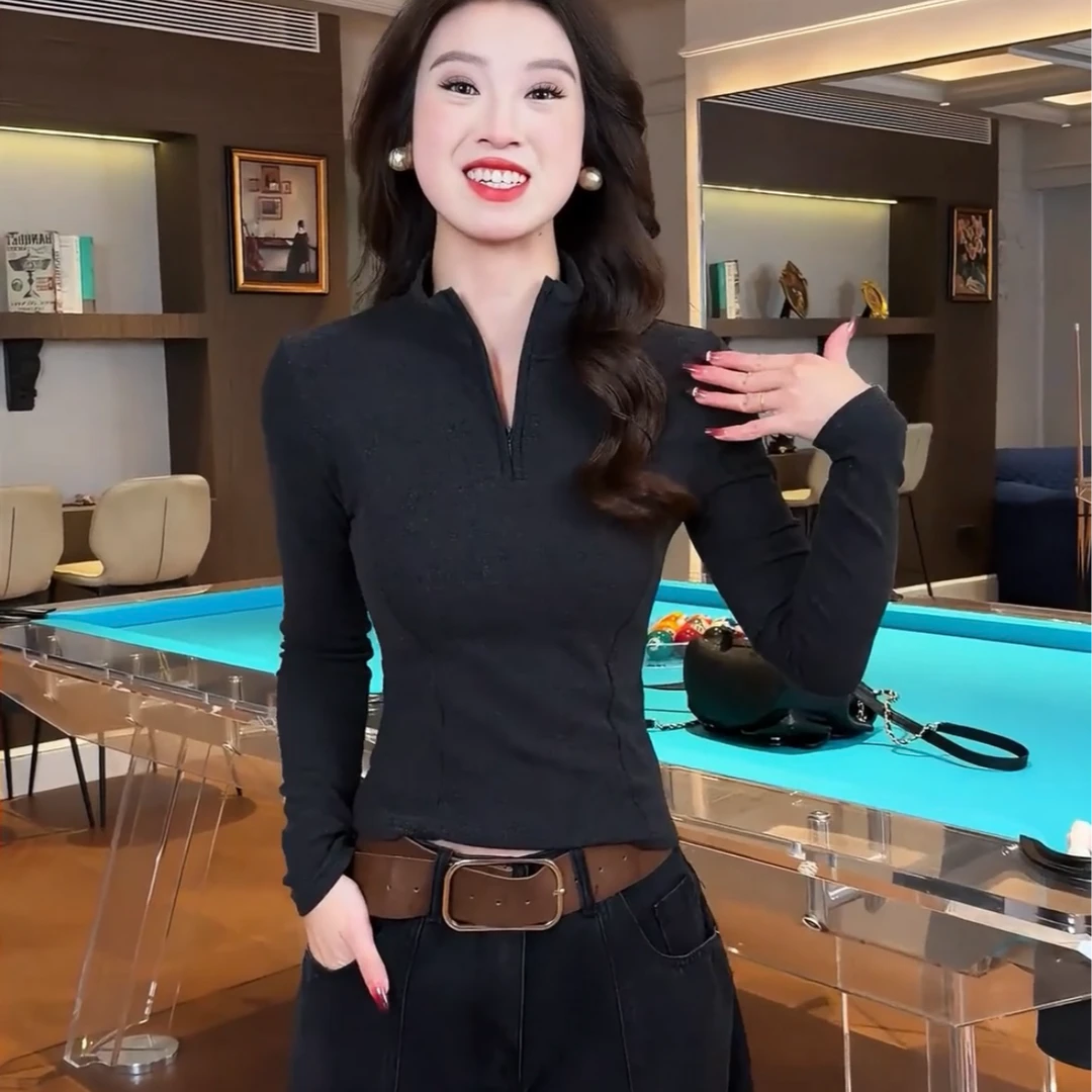 欧货冬季新款加绒高领半拉链时尚显瘦简约设计长袖t袖打底衫百搭