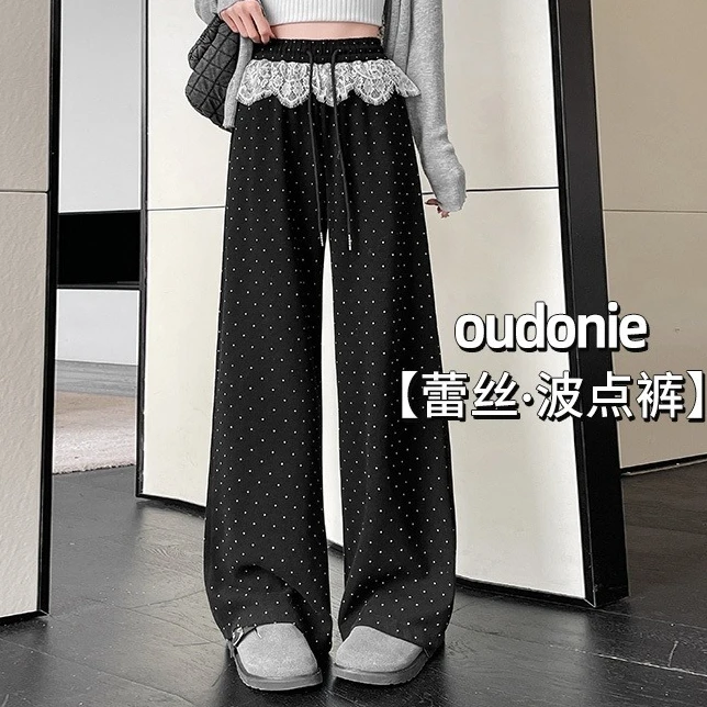 女童休闲裤2025春季中大童蕾丝花边波点直筒裤显瘦宽松韩版百搭潮