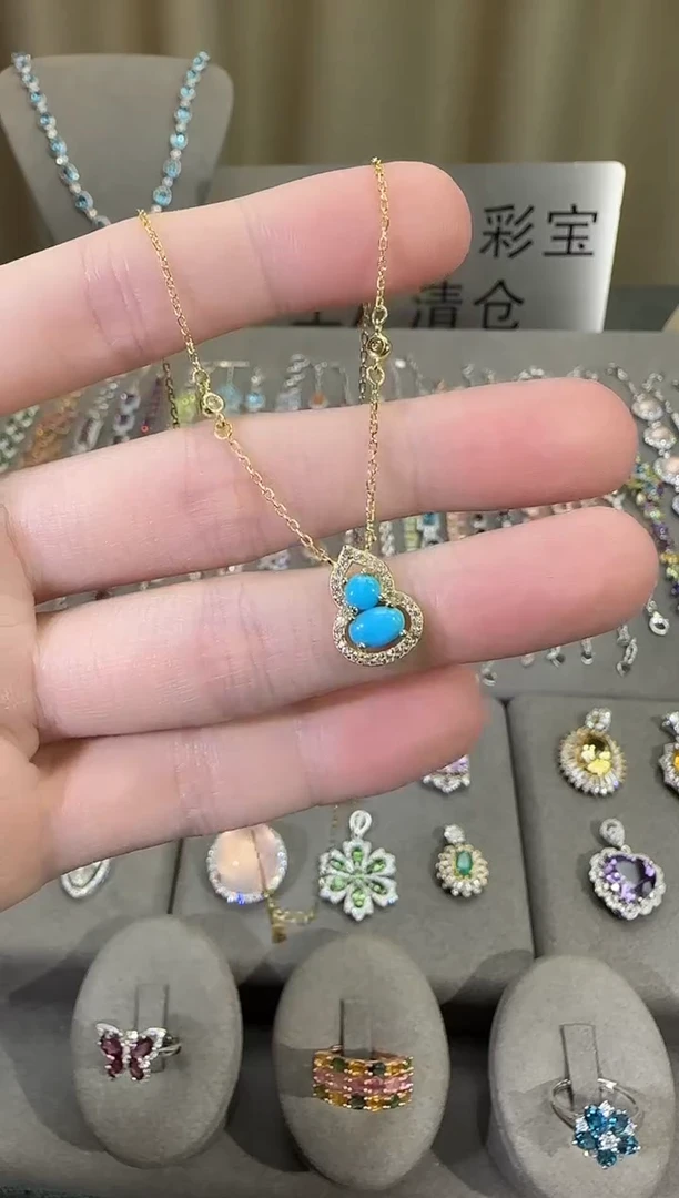 银S925镶嵌绿松石珠宝奇石10*8mm吊坠套链简约款