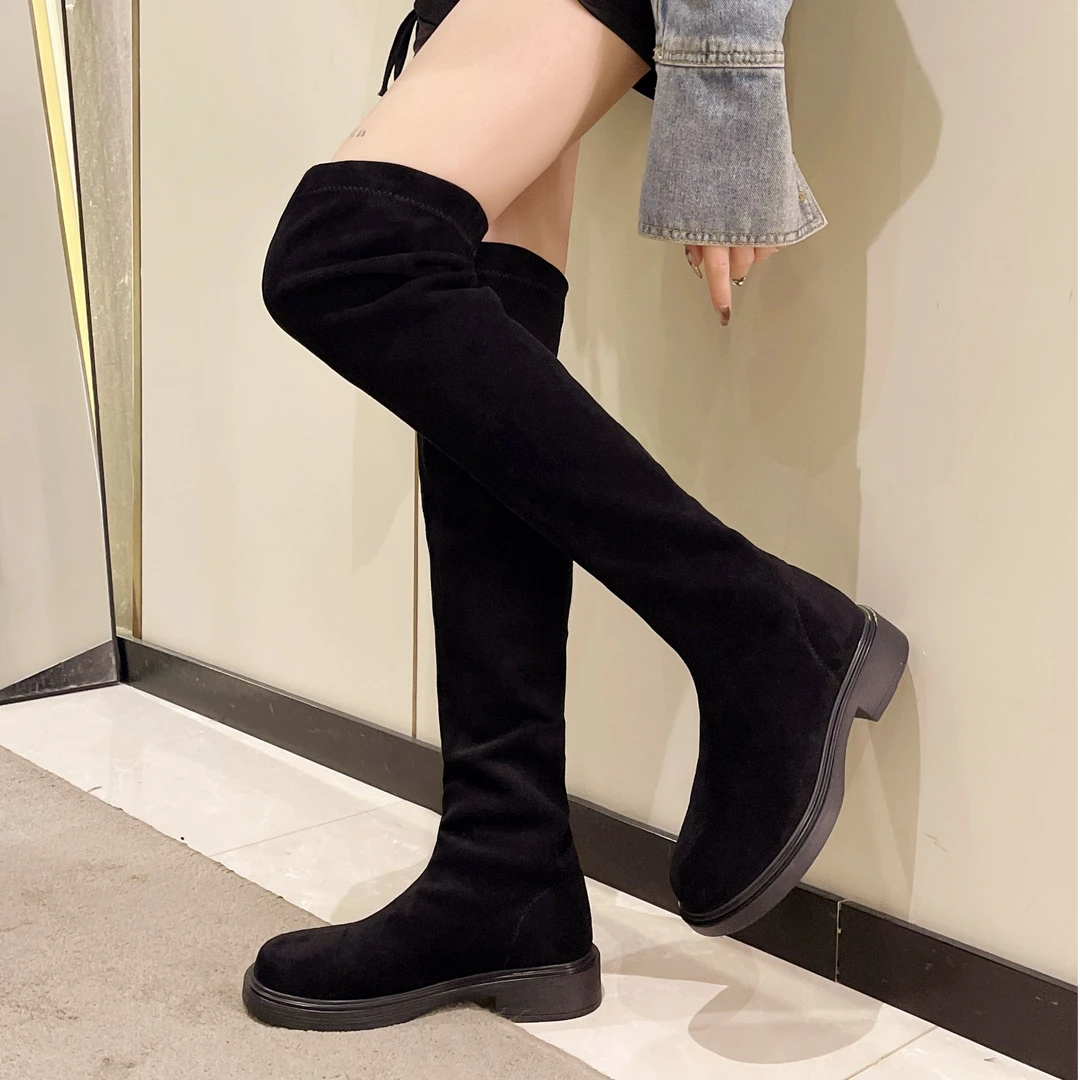 时尚洋气粗跟圆头厚底长筒靴9-63