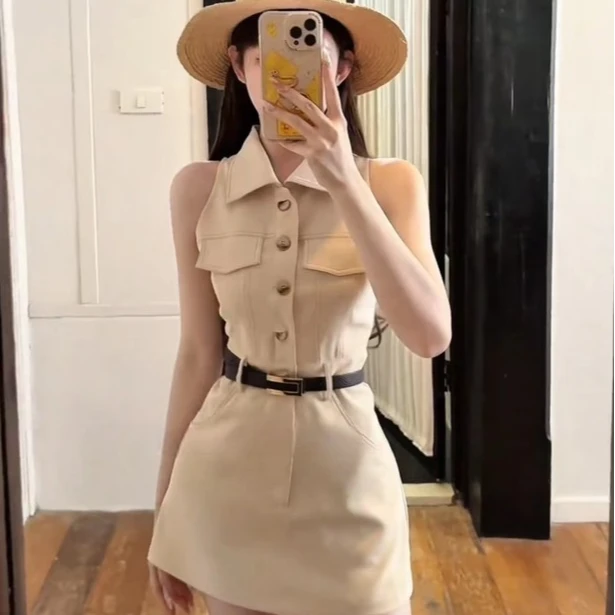 网红爆款韩版气质中高腰连衣裙显瘦背心老钱风POLO领收腰a字短裙