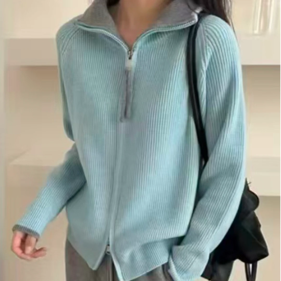 (清)立领双拉链拼色设计感针织开衫-T100（实物以直播间为准）