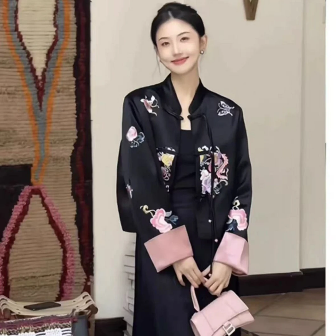 春季新款中式国风复古立体刺绣女装立领盘扣流苏上衣长袖外套