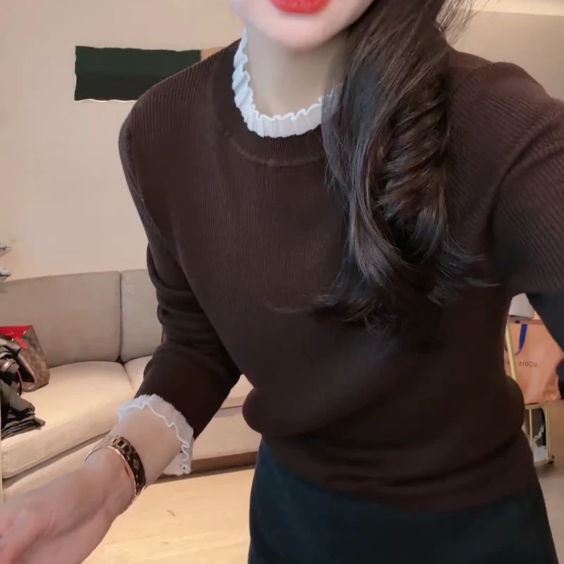 2025秋冬新款百搭显瘦时尚木耳边拼接显瘦针织衫LK2507979