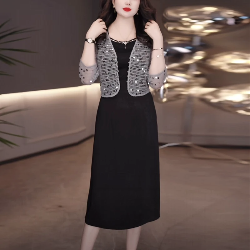 提花缎时尚气质裙套装2025秋季新款洋气减龄修身显瘦黑色连衣裙子