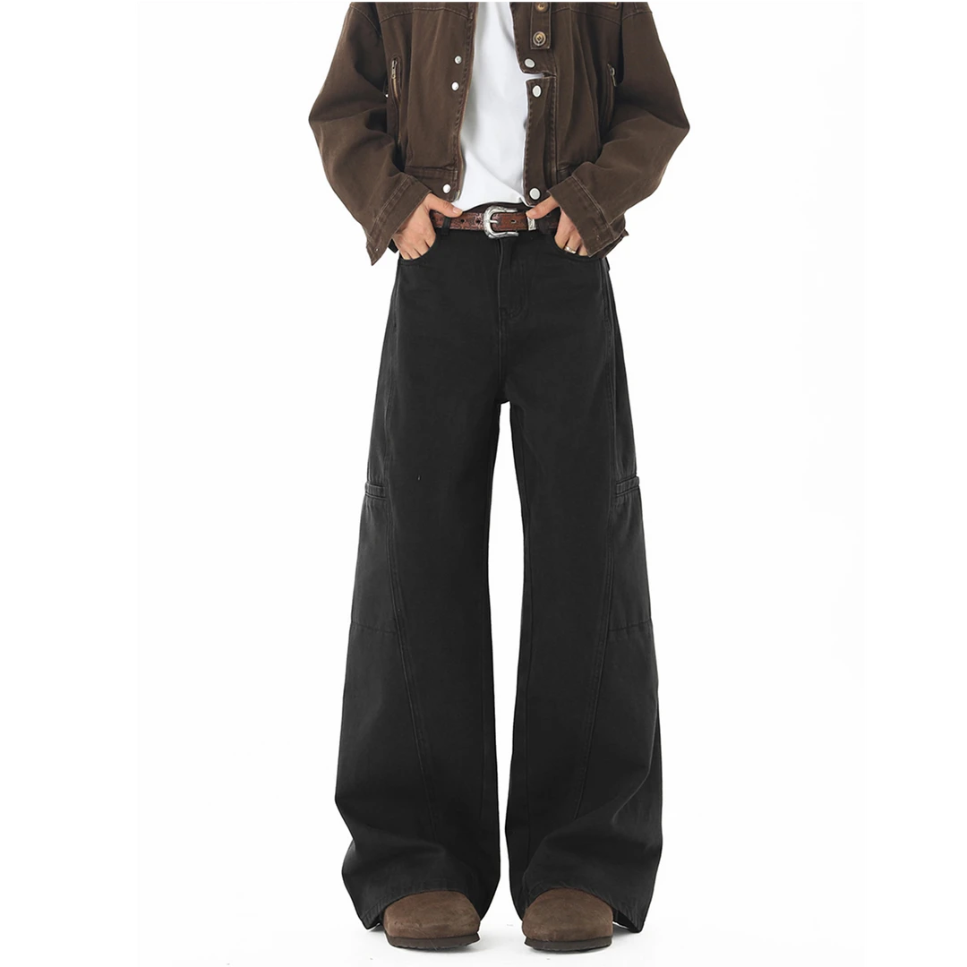 美式黑色工装裤女加绒保暖2025年宽松阔腿牛仔裤小个子百搭长裤潮