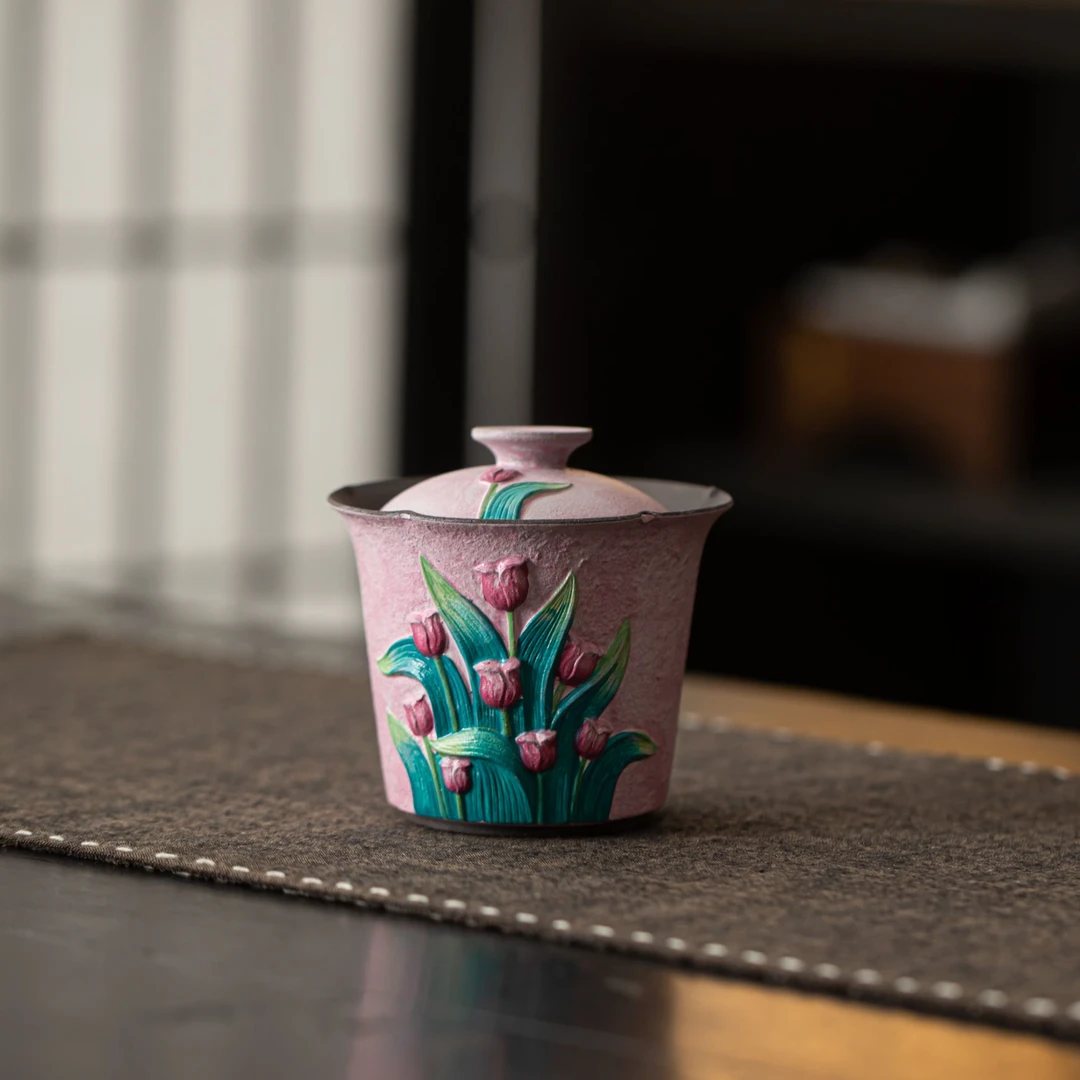 【栖花漫语·高定系列 】老岩泥·手绘郁金香·郁盏两才盖碗 A13045