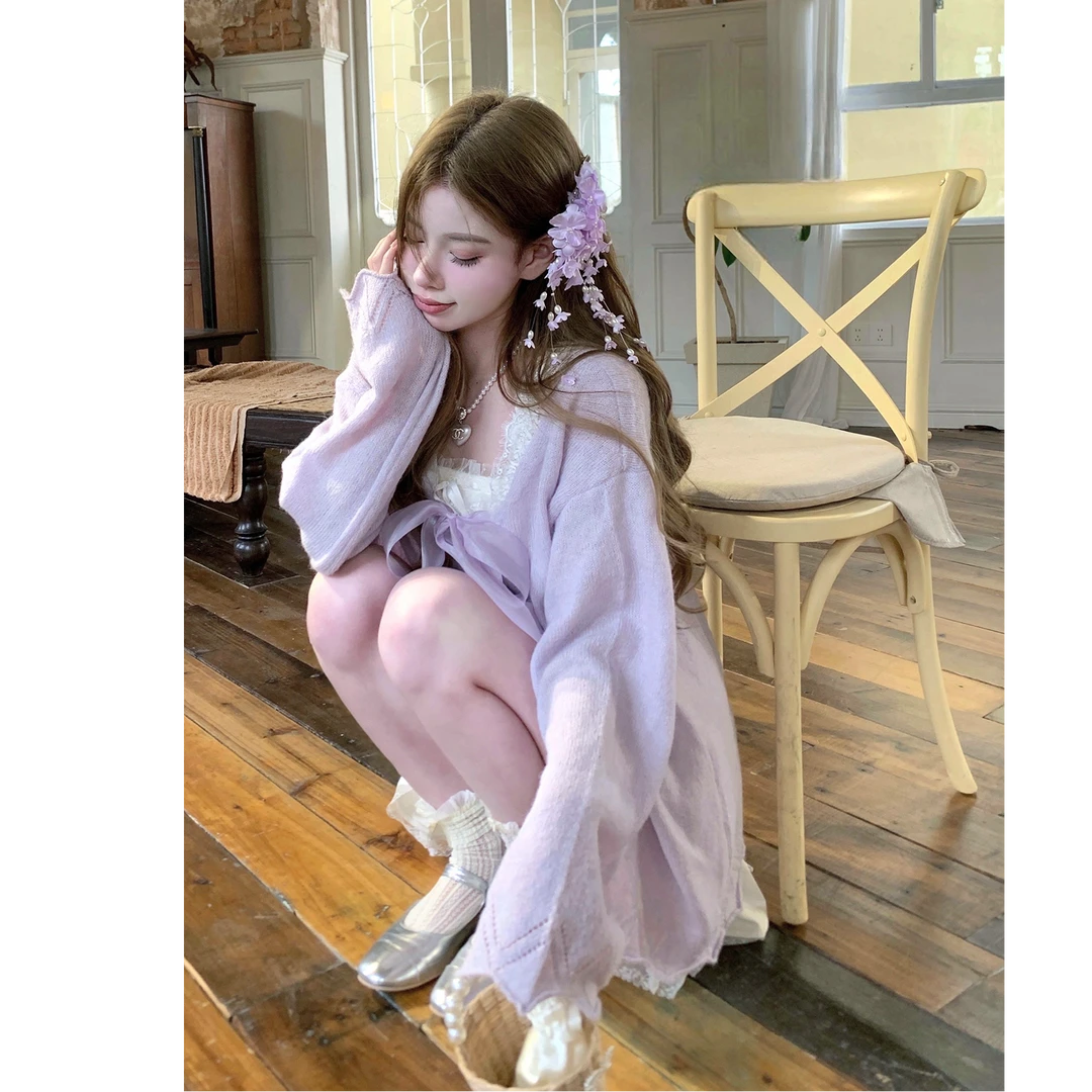 紫藤精灵 2025超火温柔毛衣针织开衫女秋外套慵懒风薄款上衣
