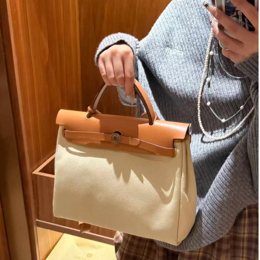 95新 Hermes/爱马仕 展会外场！金棕拼白色帆布herbag31