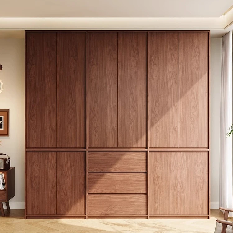 骨格线实木衣柜柜子ENF级橡木胡桃色爆款木质家用卧室免拉手衣橱