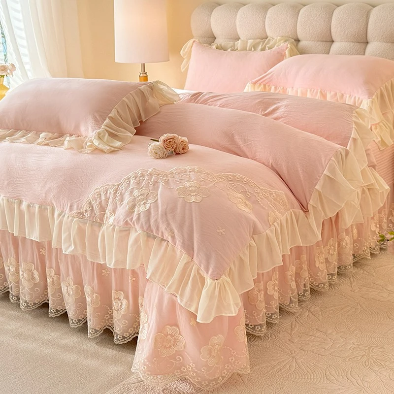 韩版加厚夹棉床盖四件套公主风蕾丝被套被罩床单三件套床上 用品D
