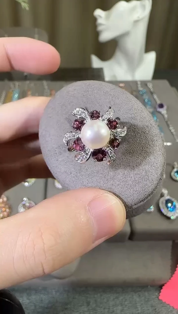 银S925镶嵌戒指淡水珍珠9mm戒指