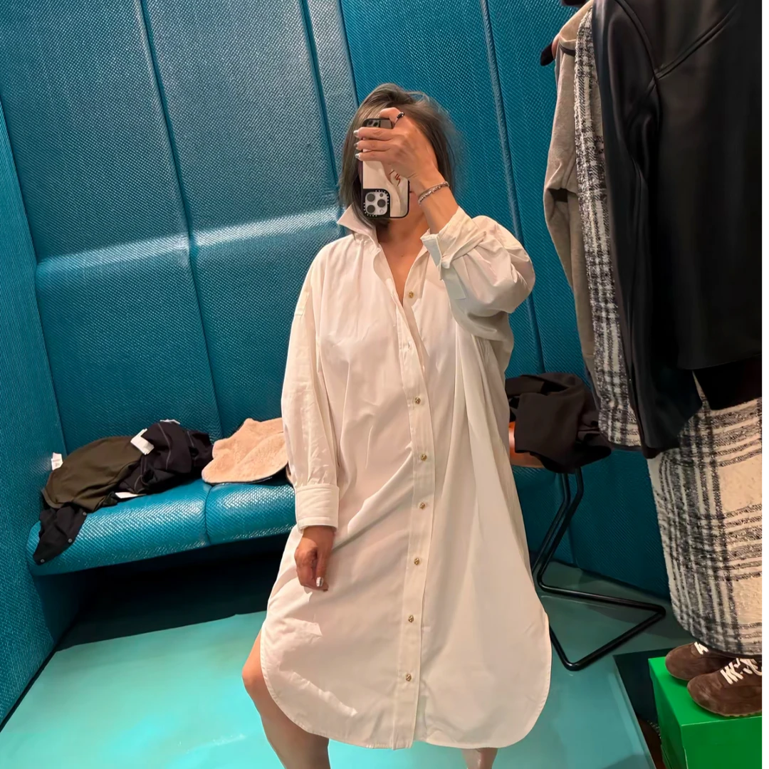 COCOLINDA| 100%棉法式金扣廓形龟背中长风衣高贵气质衬衫裙K3593