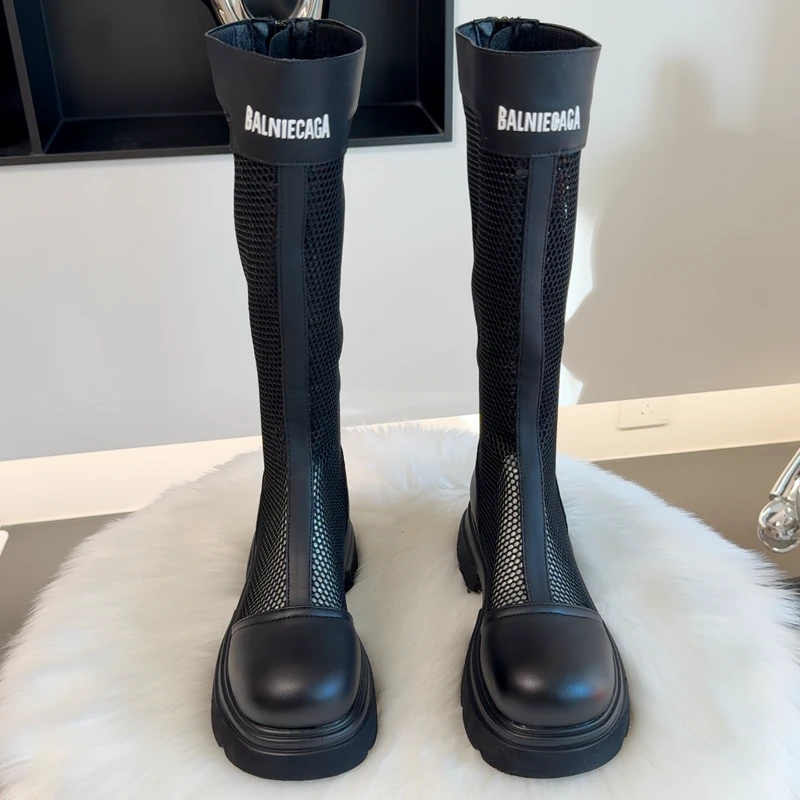 潮牌长筒靴女薄款透气网纱厚底高筒骑士靴镂空不过膝高筒靴网靴夏