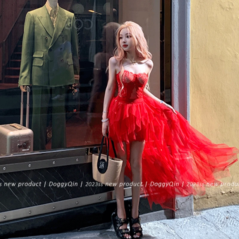 重工蕾丝吊带裙自带胸垫气质名媛风松紧腰拖尾半裙套装青年夏