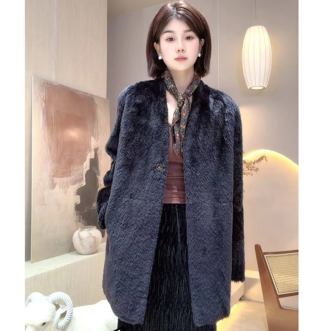 V领进口乌木紫拉贡皮毛一体0525