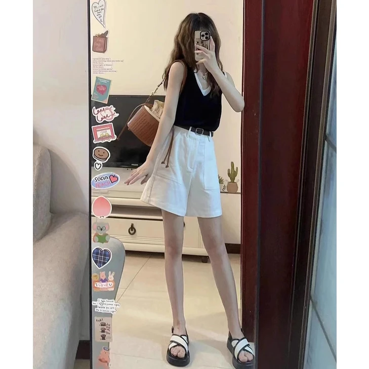 夏装搭配一整套夏季小个子减龄穿搭针织上衣白色短裤两件套装女