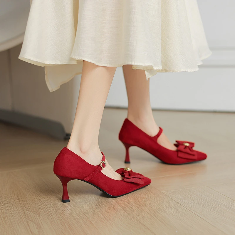 阿么手工女鞋绒面一字带细跟高跟鞋不掉跟结婚6.5CM蝴蝶结单鞋女