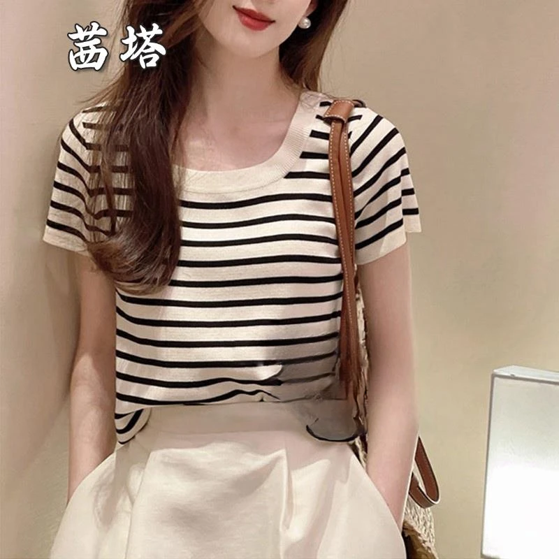 条纹t恤短袖女夏季外穿2025时尚新款方领针织衫春秋打底内搭上衣