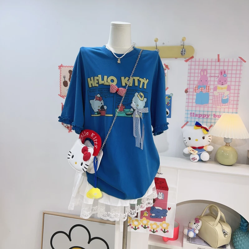 【钱呼呼】“悠闲下午茶猫咪”可爱印花宽松复古水洗做旧宽松T恤女