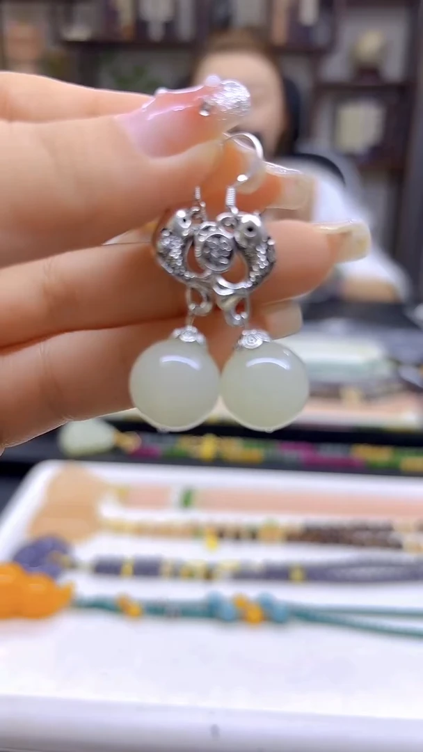 和田玉银S925镶嵌耳饰DIY款E783