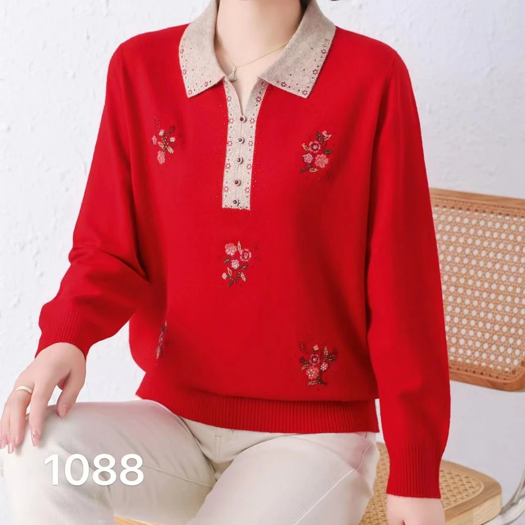 时尚羊毛衫冬季新款网红羊毛衫翻领套头大码长袖红色毛衫1088