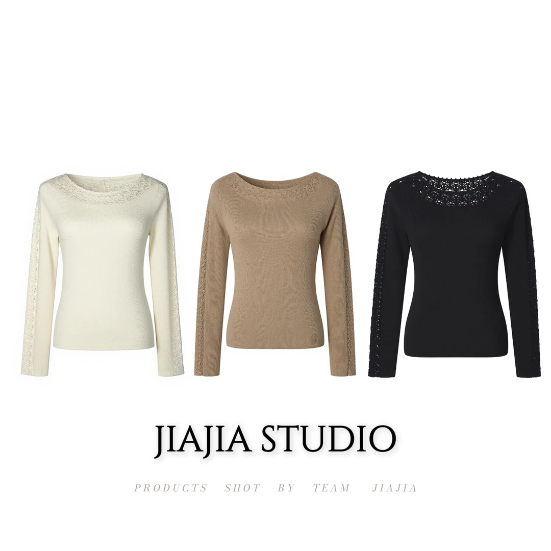 嘉嘉严选「玫瑰」3.0扬子纱100%羊毛纯色镂空花纹拼接针织衫