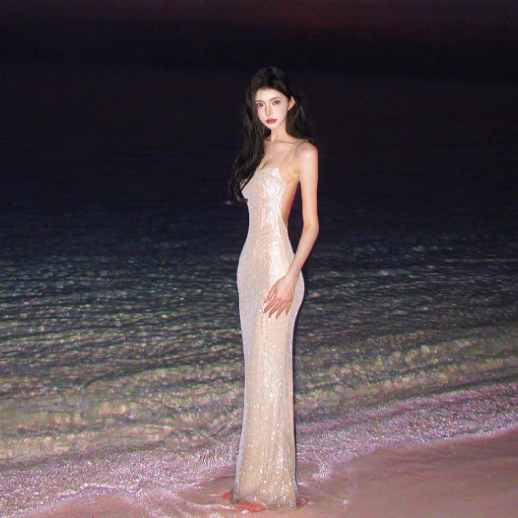 YoungerLady长裙女法式烫钻修身露背显瘦晚宴礼服年会成人礼