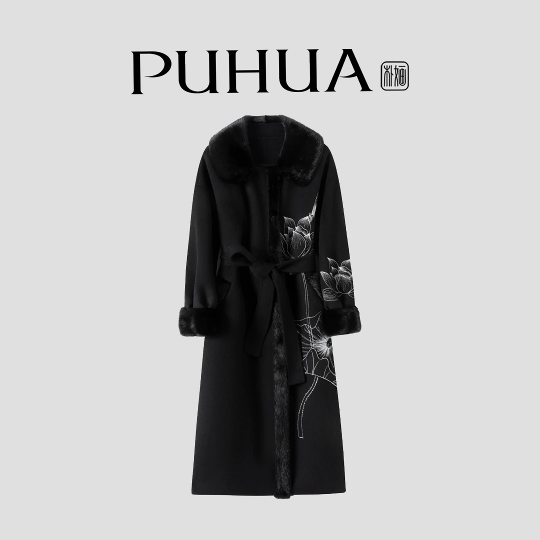 【PUHUA-朴婳】2025国风秋冬重工水貂荷花刺绣双面呢羊毛大衣 522