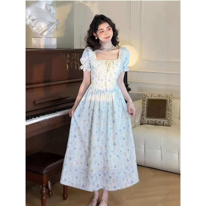 11945【糖糖】大码女装法式复古蕾丝花边方领短袖连衣裙小众不撞款