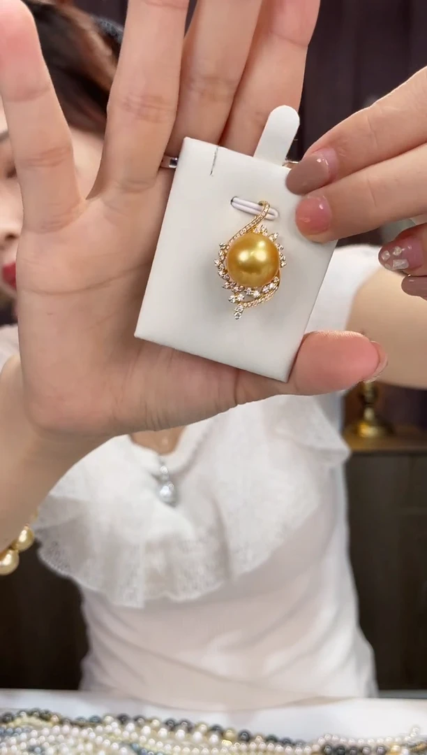 18K金镶嵌海水珍珠吊坠(不含链)金珠13-14mm