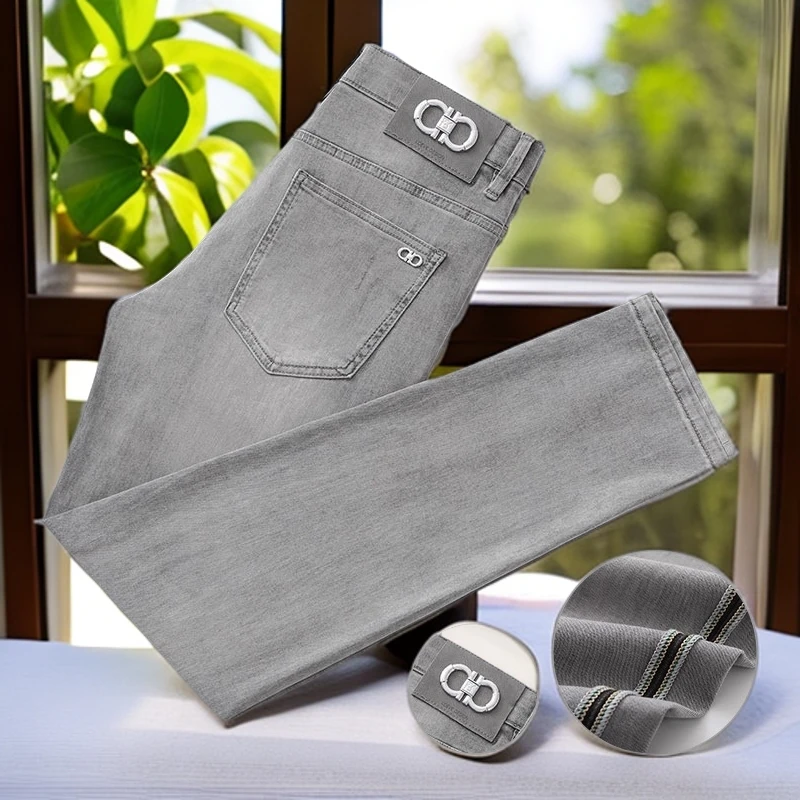 娜罗普西时尚休闲春夏薄款新款牛仔裤男直筒弹力男士灰色休闲裤