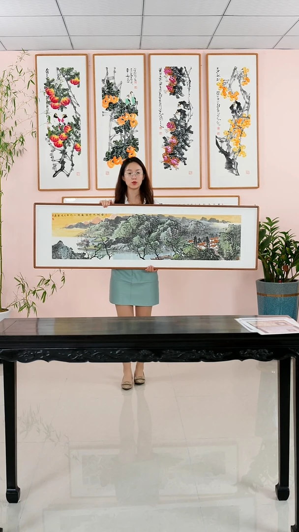 国画张现军《春到太行添新绿》手绘带框162*47厘米