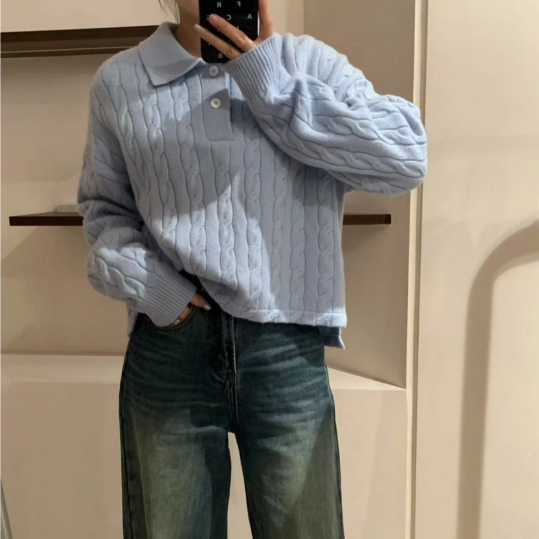 【漪漪私服】春季新款翻领100羊毛短款套头毛衣韩版宽松麻花羊毛衫