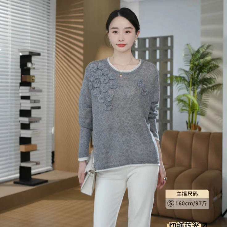 HELA AOMI“手工钩花”绵羊毛59.4%+山羊绒拼色针织衫CY5CC33418