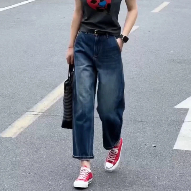 韩系百搭宽松直筒牛仔裤女秋季新款显瘦高腰休闲九分弯刀裤