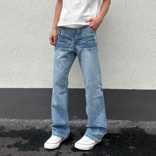 E23新款夏季闪电纹复古蓝牛中腰百搭做旧显瘦微喇百搭直筒男女