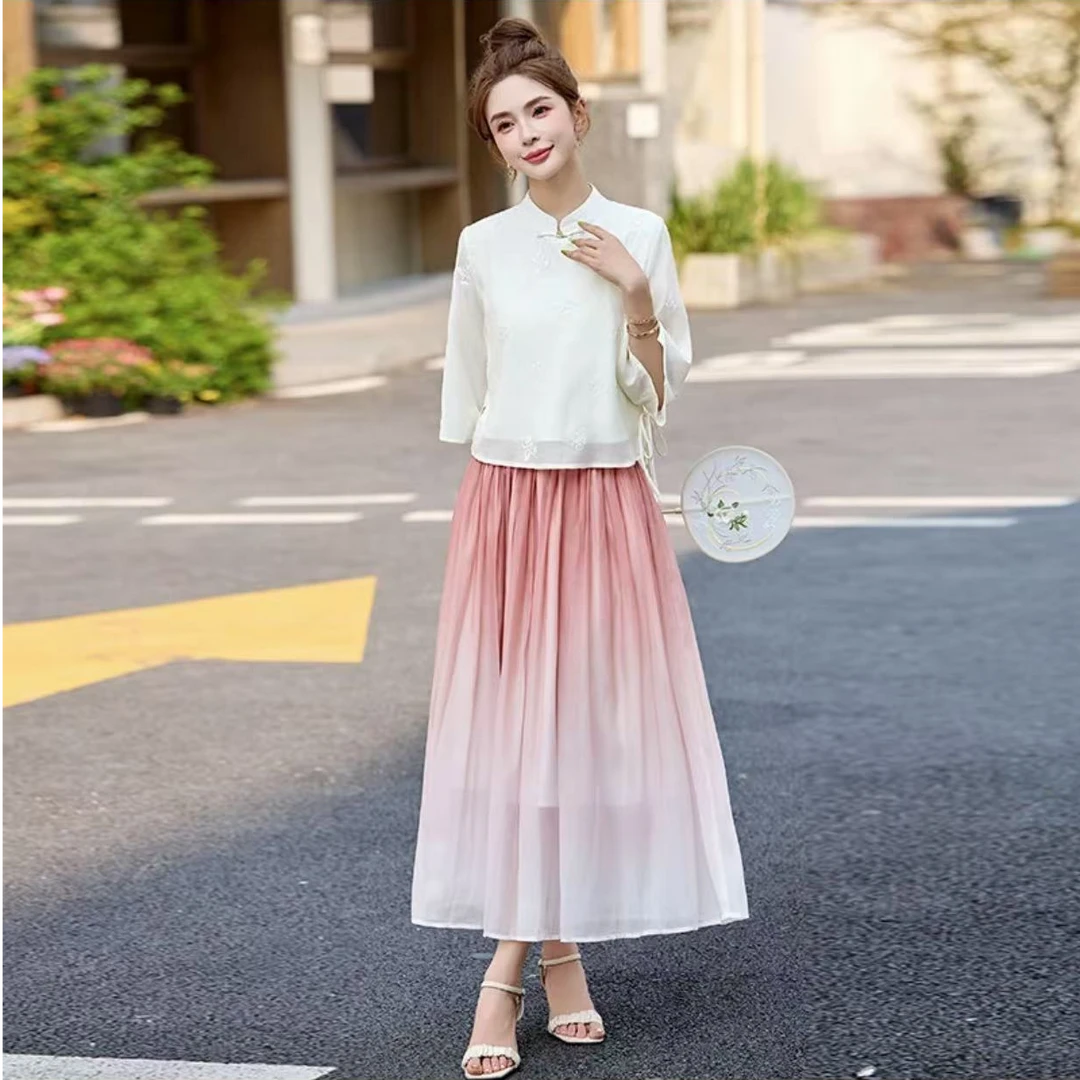 新中式国风套装裙女夏季新款优雅气质刺绣半身裙两件套258888#