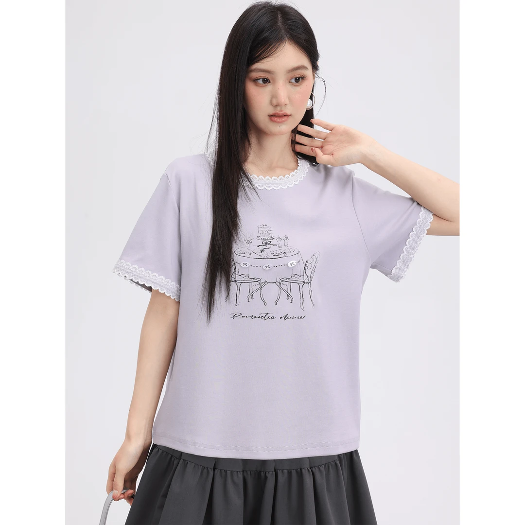 爱蔷薇大码胖mm蕾丝花边短袖t恤女夏2025新款穿搭紫色上衣GT77469