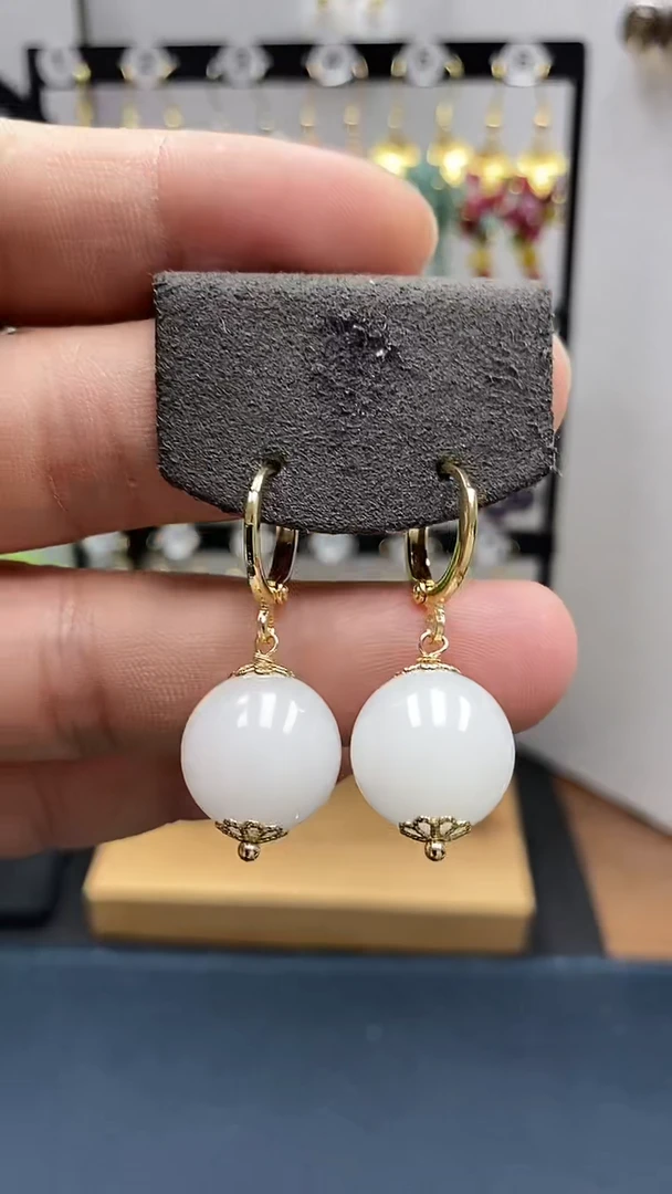 和田玉银S925镀金镶嵌耳饰尺寸14mm耳扣55