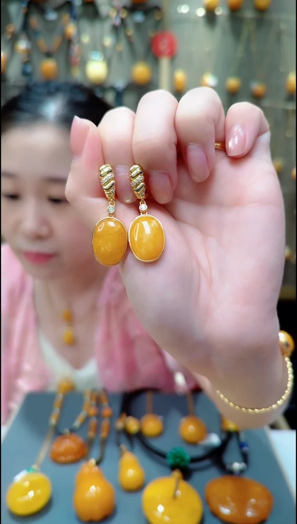 银S925镀金镶嵌蜜蜡耳饰﹣C796蜜蜡耳坠