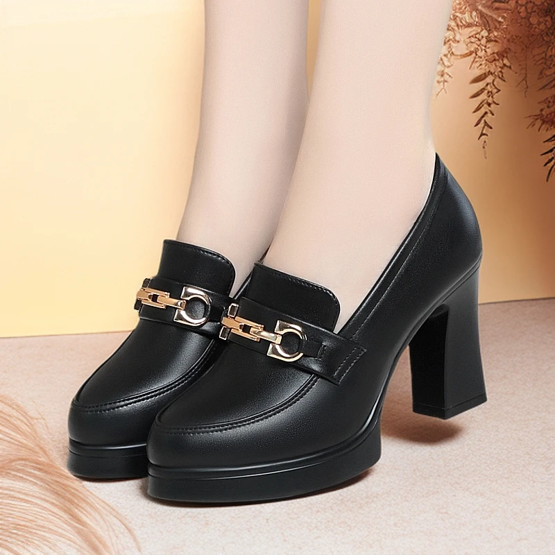 妈妈鞋春秋新款深口单鞋防水台高跟鞋粗跟厚底旗袍走秀软底妈妈鞋